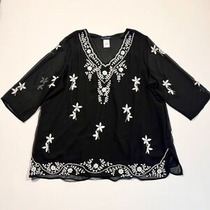 Ulla Popken Tunic Blouse Top Black Embroidered Floral Georgette Sheer Size 20/22